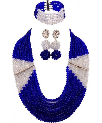 8 Lines Statement Strand Necklaces Nigerian Wedding African Beads Jewelry Set Crystal Bridal Jewelry Sets Royal Blue Transpar...