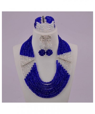 8 Lines Statement Strand Necklaces Nigerian Wedding African Beads Jewelry Set Crystal Bridal Jewelry Sets Royal Blue Transpar...