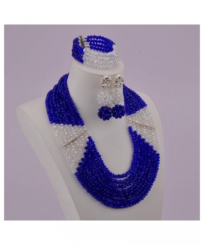 8 Lines Statement Strand Necklaces Nigerian Wedding African Beads Jewelry Set Crystal Bridal Jewelry Sets Royal Blue Transpar...