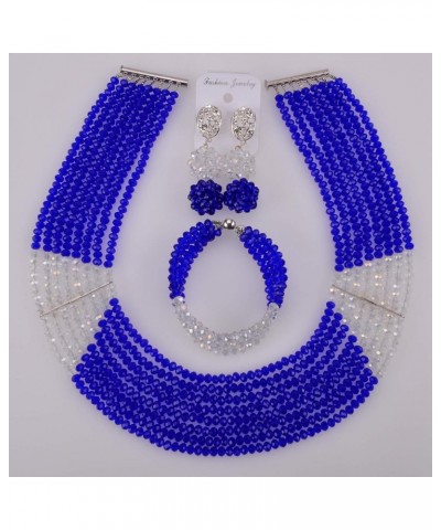 8 Lines Statement Strand Necklaces Nigerian Wedding African Beads Jewelry Set Crystal Bridal Jewelry Sets Royal Blue Transpar...