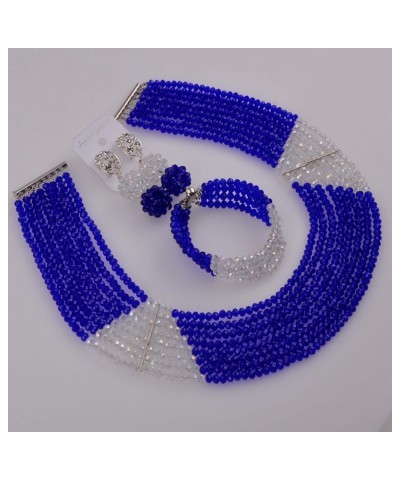 8 Lines Statement Strand Necklaces Nigerian Wedding African Beads Jewelry Set Crystal Bridal Jewelry Sets Royal Blue Transpar...