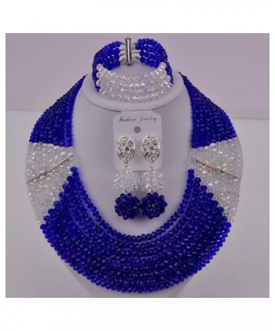 8 Lines Statement Strand Necklaces Nigerian Wedding African Beads Jewelry Set Crystal Bridal Jewelry Sets Royal Blue Transpar...