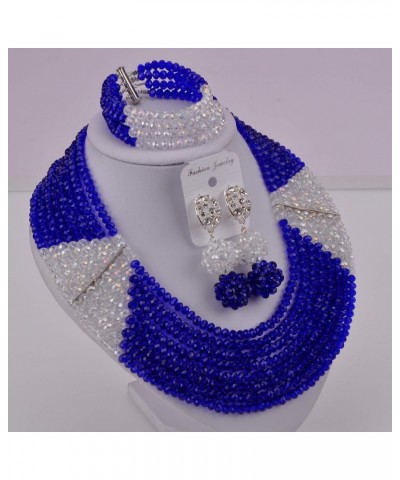 8 Lines Statement Strand Necklaces Nigerian Wedding African Beads Jewelry Set Crystal Bridal Jewelry Sets Royal Blue Transpar...