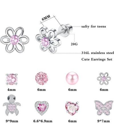 6-10 Pairs Hypoallergenic Screwback Earrings Studs for Women Teens 316L Stainless Steel CZ Heart Screw Back Earring Studs Flo...