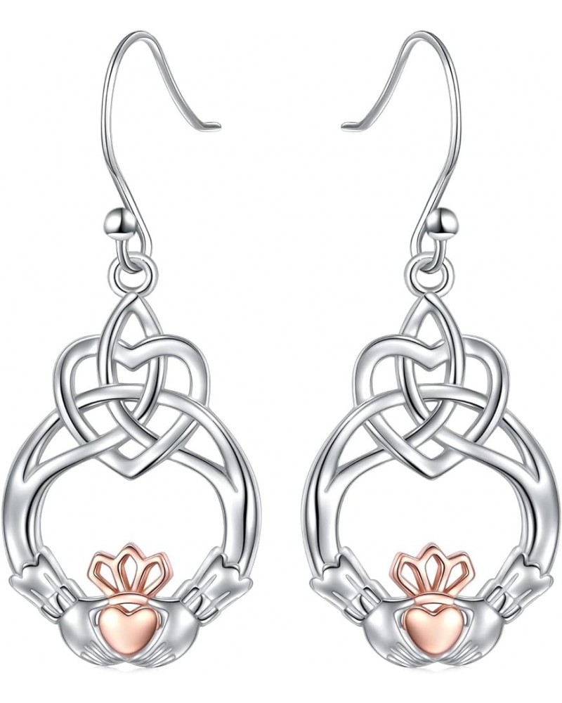 925 Sterling Silver Dangle Earrings for Women Celtic Knot Drop Claddagh/Clover/Lotus/Filigree Earrings Rose Gold Claddagh Hoo...