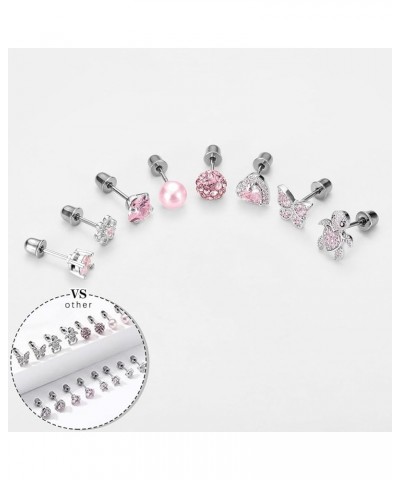 6-10 Pairs Hypoallergenic Screwback Earrings Studs for Women Teens 316L Stainless Steel CZ Heart Screw Back Earring Studs Flo...