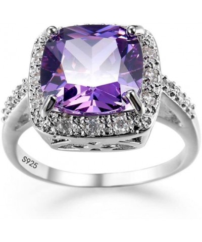 White Gold Amethyst Cocktail Rings Purple CZ Engagement Ring Princess Cut Square Cubic Zirconia 925 Sterling Silver Shiny Ful...