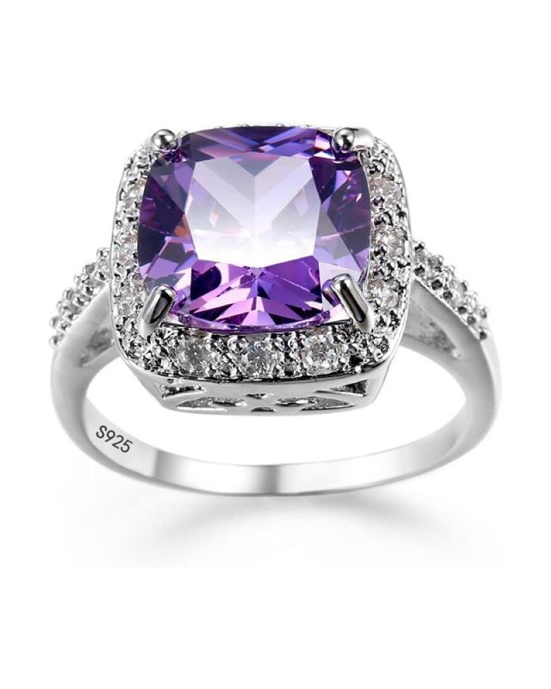 White Gold Amethyst Cocktail Rings Purple CZ Engagement Ring Princess Cut Square Cubic Zirconia 925 Sterling Silver Shiny Ful...