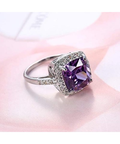 White Gold Amethyst Cocktail Rings Purple CZ Engagement Ring Princess Cut Square Cubic Zirconia 925 Sterling Silver Shiny Ful...