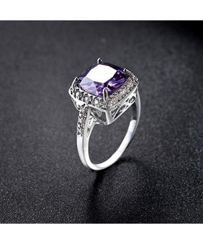 White Gold Amethyst Cocktail Rings Purple CZ Engagement Ring Princess Cut Square Cubic Zirconia 925 Sterling Silver Shiny Ful...