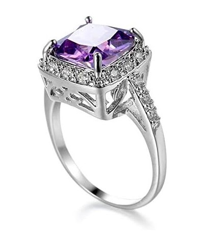 White Gold Amethyst Cocktail Rings Purple CZ Engagement Ring Princess Cut Square Cubic Zirconia 925 Sterling Silver Shiny Ful...