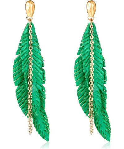 Feather Tassel Dangle Earrings for Women Bohemian Faux Leather Plume Gold-tone Metal Chain Fringe Statement Drop Earrings Vin...