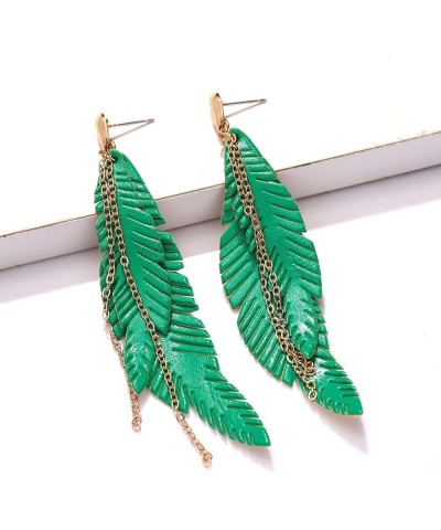 Feather Tassel Dangle Earrings for Women Bohemian Faux Leather Plume Gold-tone Metal Chain Fringe Statement Drop Earrings Vin...