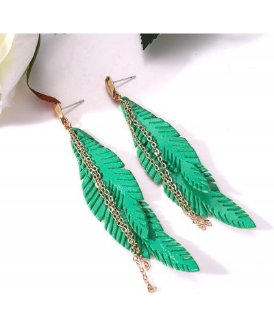 Feather Tassel Dangle Earrings for Women Bohemian Faux Leather Plume Gold-tone Metal Chain Fringe Statement Drop Earrings Vin...