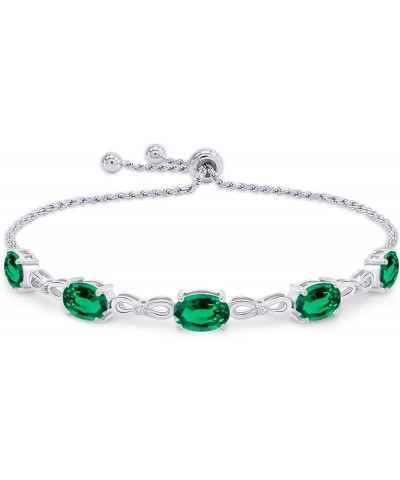 925 Sterling Silver Simulated Green Emerald & White Lab Grown Diamond Tennis Bolo Adjustable Bracelet For Women (4.50 Cttw, A...