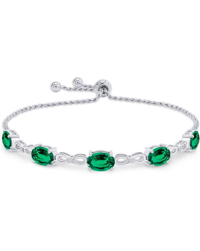 925 Sterling Silver Simulated Green Emerald & White Lab Grown Diamond Tennis Bolo Adjustable Bracelet For Women (4.50 Cttw, A...