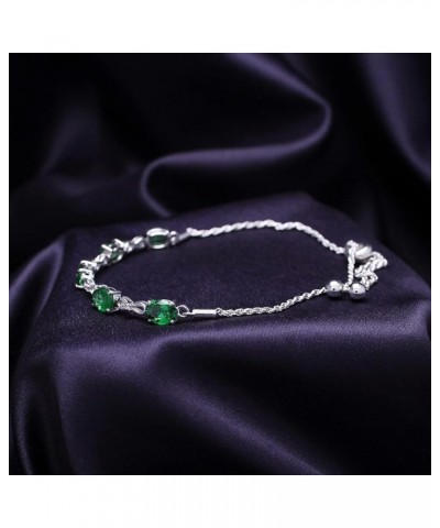 925 Sterling Silver Simulated Green Emerald & White Lab Grown Diamond Tennis Bolo Adjustable Bracelet For Women (4.50 Cttw, A...