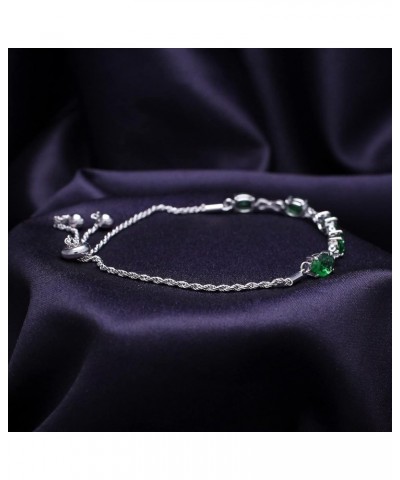 925 Sterling Silver Simulated Green Emerald & White Lab Grown Diamond Tennis Bolo Adjustable Bracelet For Women (4.50 Cttw, A...