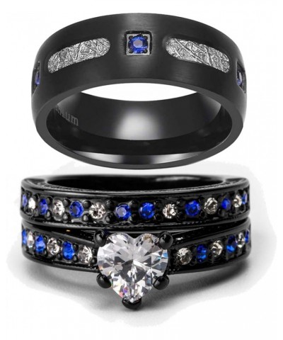 Couple Rings Matching Ring Heart AAA CZ Black Ring for Women Wedding Ring Sets for Him and Her Rings Blue women size7 & men s...