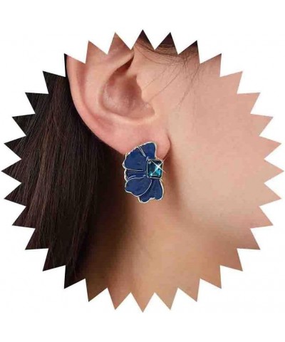 Boho Sapphire Flower Stud Earrings Blue Gemstone Stud Earrings Vintage Enamel Blue Flower Earrings Large Half Flower Blue Ear...