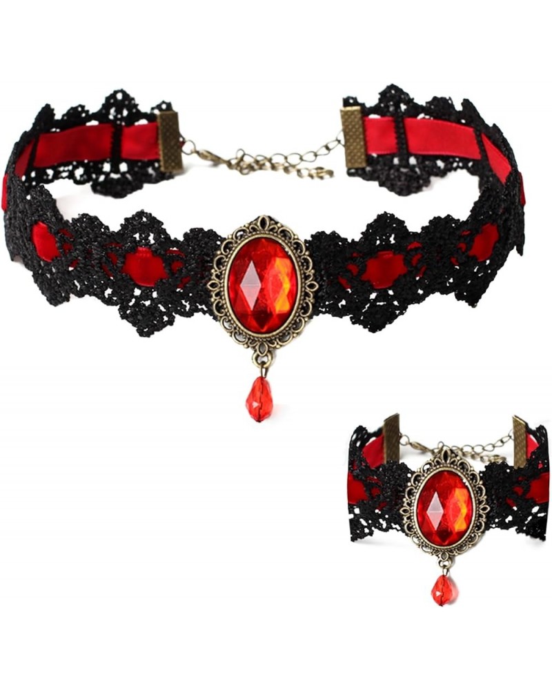 Gothic Choker Red Rhinestone Teardrop Pendant Lace Necklace and Bracelet,Royal Court Vampire Steampunk Halloween Cosplay Cost...