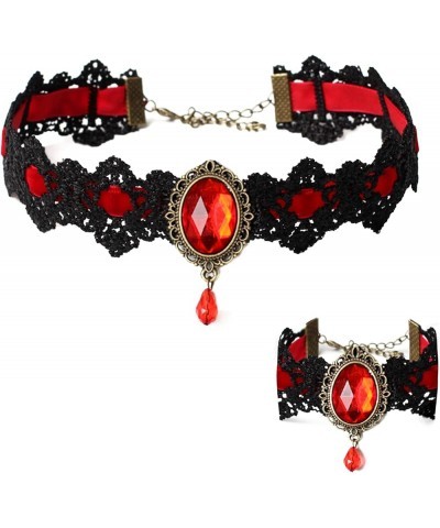 Gothic Choker Red Rhinestone Teardrop Pendant Lace Necklace and Bracelet,Royal Court Vampire Steampunk Halloween Cosplay Cost...