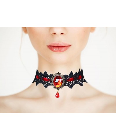 Gothic Choker Red Rhinestone Teardrop Pendant Lace Necklace and Bracelet,Royal Court Vampire Steampunk Halloween Cosplay Cost...