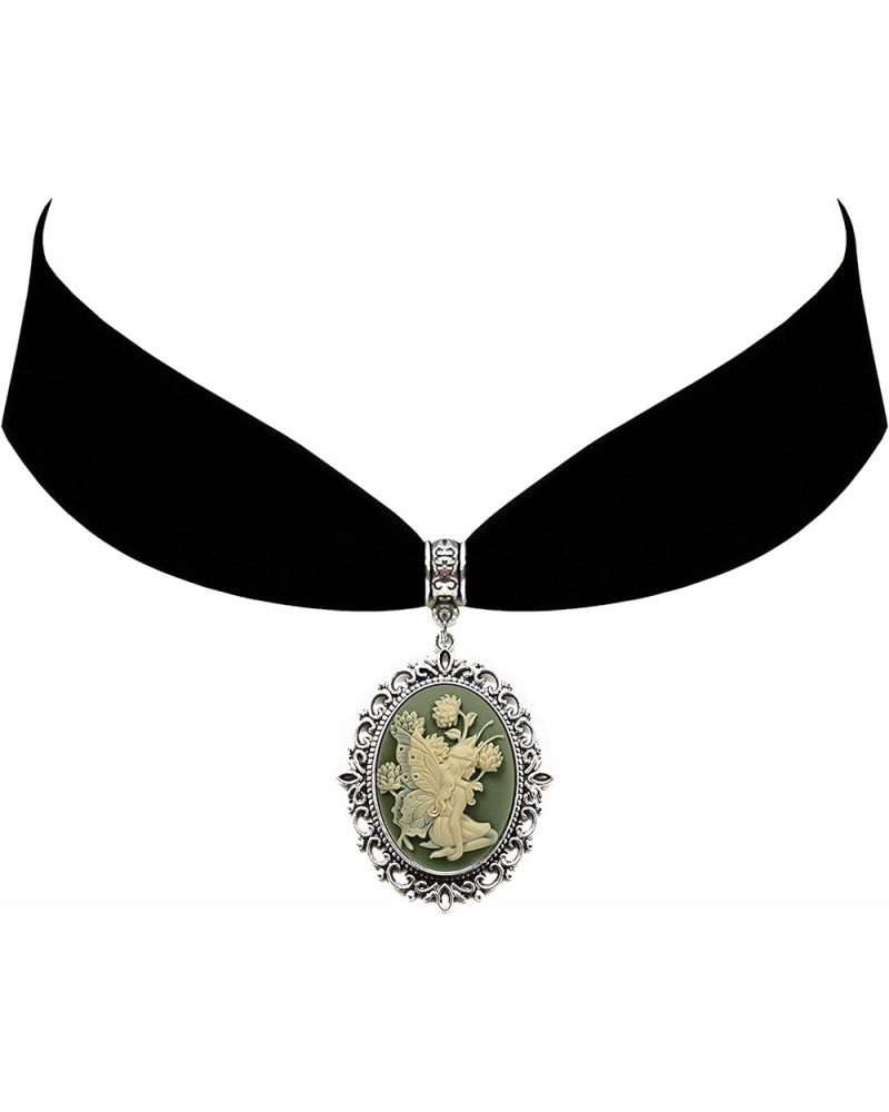 Fairy and Flowers Cameo Steampunk Gothic Pendant Necklace on Velvet Choker Green $13.78 Necklaces