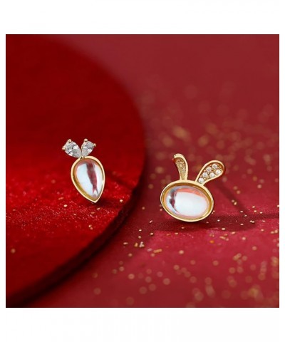 Solid 925 Sterling Silver CZ Bunny Earrings Studs for Women Teen Girls Cute Rabbit Carrot Earrings Studs Moonstone Earrings A...