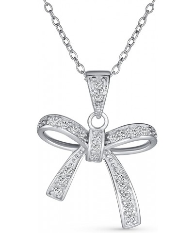 Dainty Romantic Bridal Wedding Clear Cubic Zirconia Pave CZ Station Holiday Present Ribbon Bow Pendant Necklace For Women Tee...