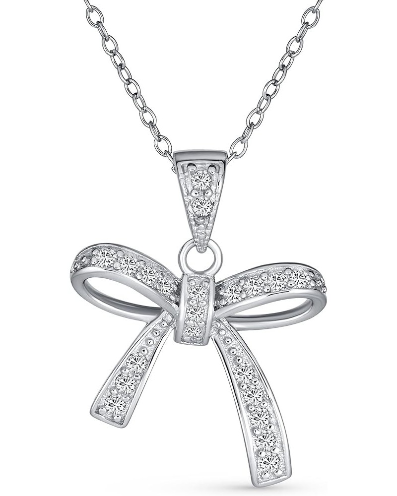 Dainty Romantic Bridal Wedding Clear Cubic Zirconia Pave CZ Station Holiday Present Ribbon Bow Pendant Necklace For Women Tee...