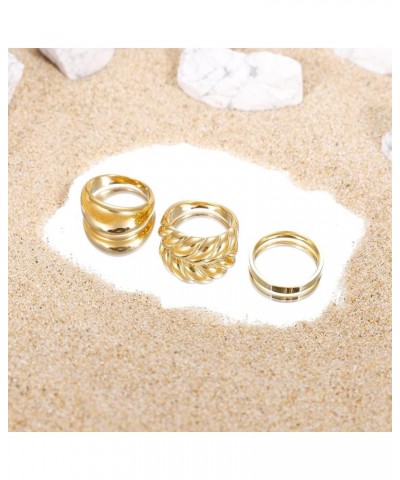 3Pcs 18K Gold-Plated Chunky Dome Rings for Women Croissant Twisted Braided Dome Rings Stacking Chunky Band Rings Statement Mi...