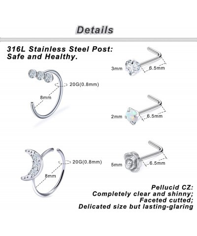 18G 20G Nose Rings Stainless Steel Stud Nose Ring Opal Cubic Zirconia Nose Rings Body Piercing Jewelry for Women Men 2mm 1A-3...