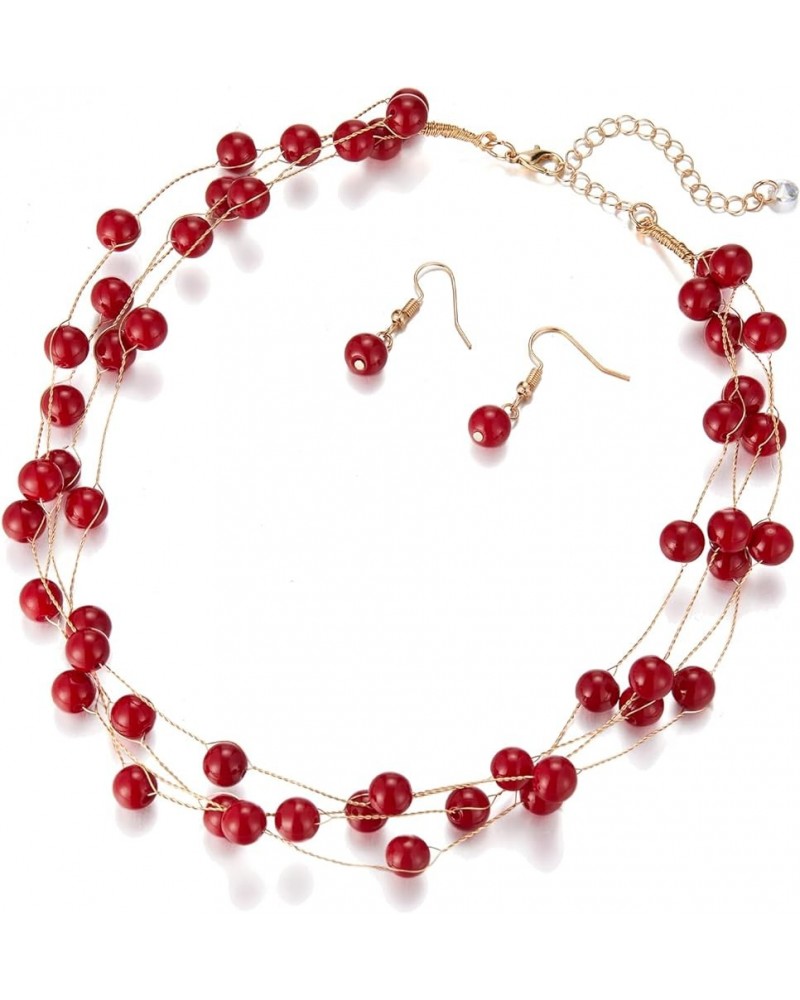 Pearl Gold Necklace Beaded Pearl Necklace Multi-Strand Bead Necklace Costume Jewelry Birthday Gifts for Women Red $11.39 Neck...