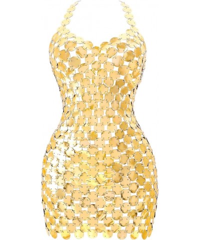 Sequin Body Chain Dress,Halter Backless Beach Bikini Dress,Summer Hollow V-Neck Pu Body Jewelry for Women Large Gold $44.10 B...