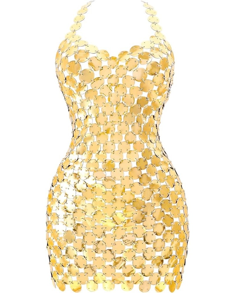 Sequin Body Chain Dress,Halter Backless Beach Bikini Dress,Summer Hollow V-Neck Pu Body Jewelry for Women Large Gold $44.10 B...