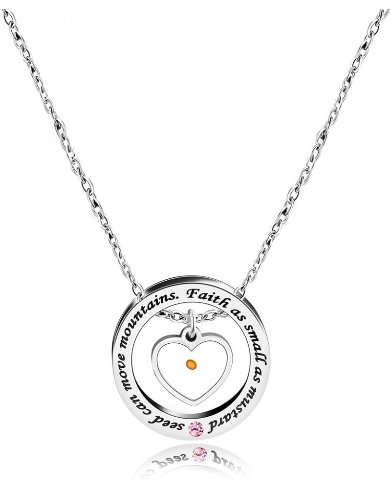 Christian Circle Round Ring Necklace Engraved Faith As Small As A Mustard Seed Can Move Mountains Y958 Pink CZ-heart $8.54 Ne...