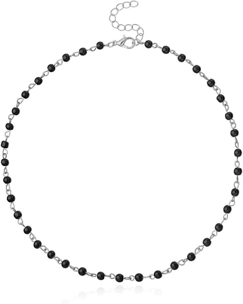 Boho Beaded Choker Necklace Chain Short Necklaces Jewelry for Women and Girls Black-Silver $7.47 Necklaces