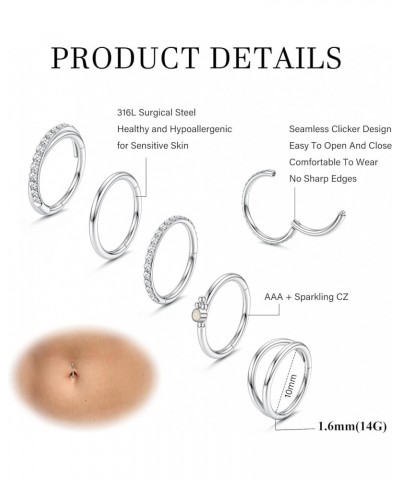 14G Belly Button Ring Hoop Surgical Steel Belly Button Hoop Rings Hinged Seamless Clicker Belly Ring CZ Paved Belly Piercing ...