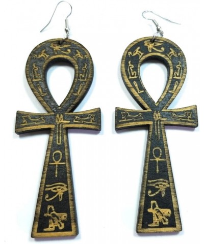 Egyptian Ankh Cross Wood Engraved Ancient Symbol of Life Fashion Jewelry Dangle Earrings Black $7.50 Earrings