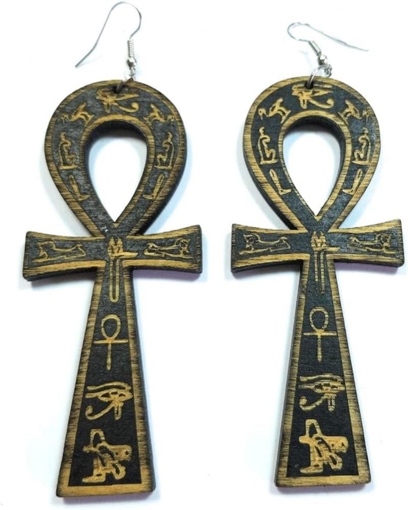 Egyptian Ankh Cross Wood Engraved Ancient Symbol of Life Fashion Jewelry Dangle Earrings Black $7.50 Earrings