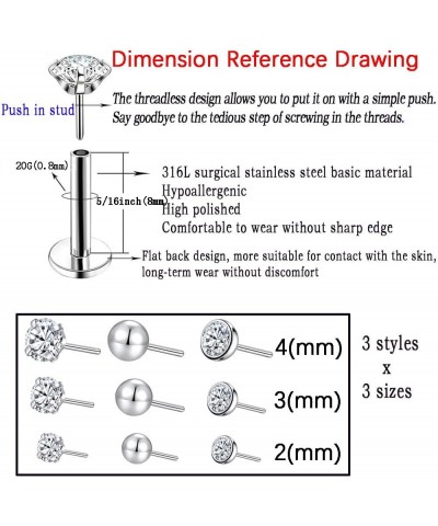 9pcs Threadless Push in Nose Rings Studs for Multiple Piercing,316L Surgical Stainless Steel Lip Rings Studs Labret Jewelry C...