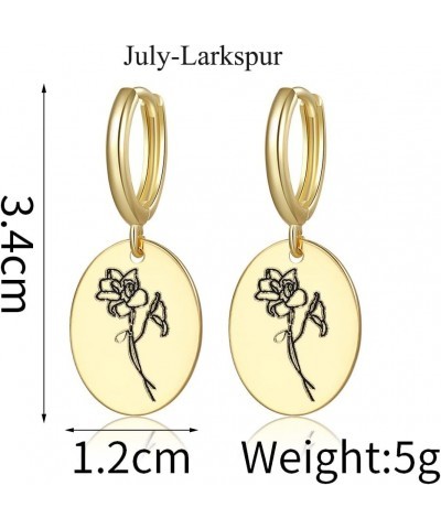 Birth Flower Earrings 18K Gold Engraved Birth Month Flower Dangle Earrings Charm Hand Stamped Floral Oval Hoop Earrings Perso...