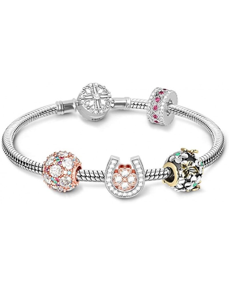 Charm Bracelet for Women 925 Sterling Silver Snake Chain Bracelet with Flower Clusters Colorful Charm Bead Basic Charm Bangle...