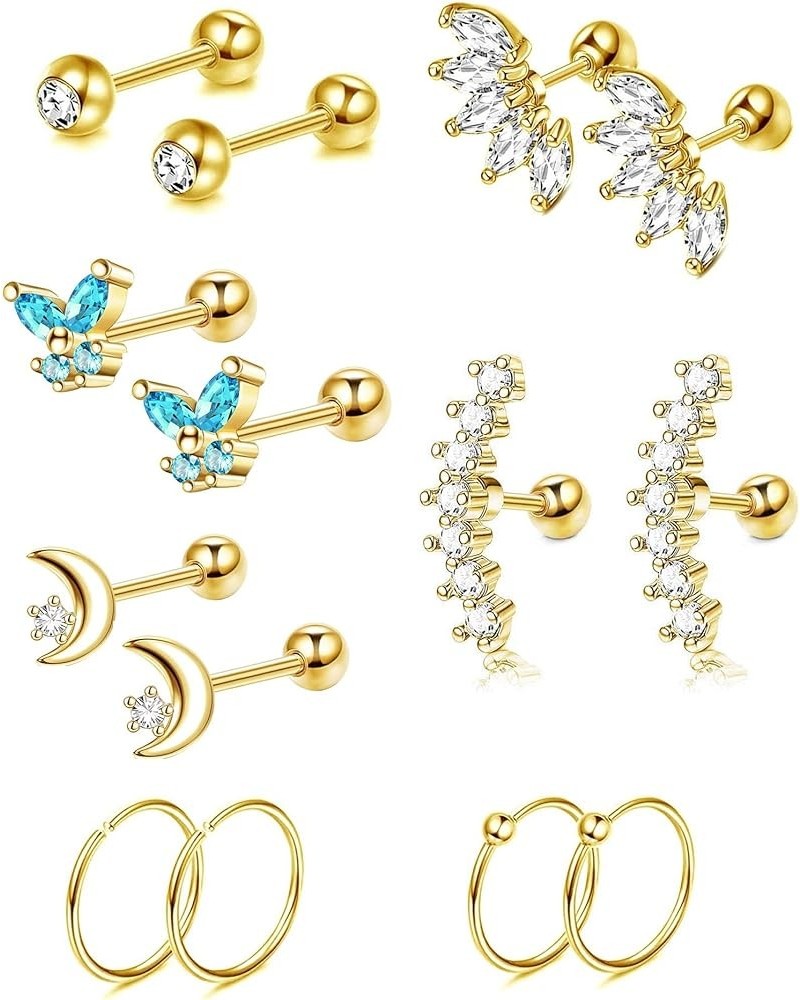 5-6Pairs CZ Hypoallergenic Screwback Earrings for Women Girls, Stainless Steel Cartilage Daith Earrings Butterfly Turtle Hear...