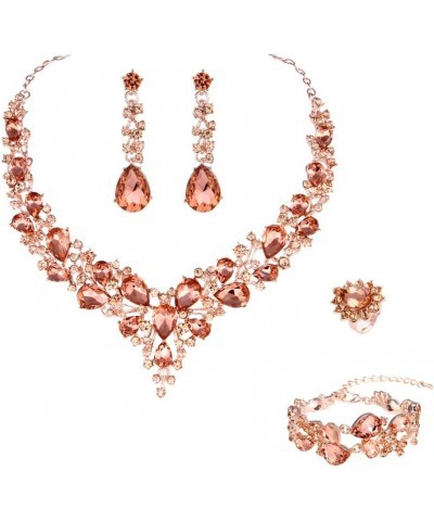 Bridal Austrian Crystal Necklace and Earrings Jewelry Set Gifts fit with Wedding Dress 13-4Pcs/Set-Peach $15.11 Jewelry Sets