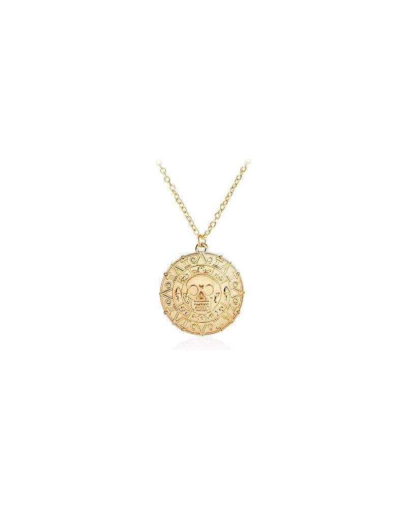 Round Gold Coin Skull Necklace Pendant Dress Accessory Movie Pirates of The Caribbean Medal Necklace Retro Jewelry (Gold Gold...