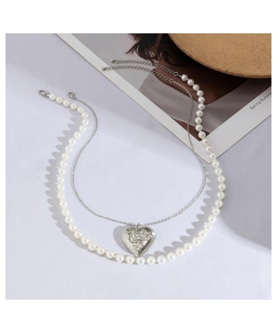 Silver Pearl Choker Necklaces for Women Trendy, Dainty Heart Y-shaped Layered Pendant Faux Pearl Necklace Jewelry Gift Layere...