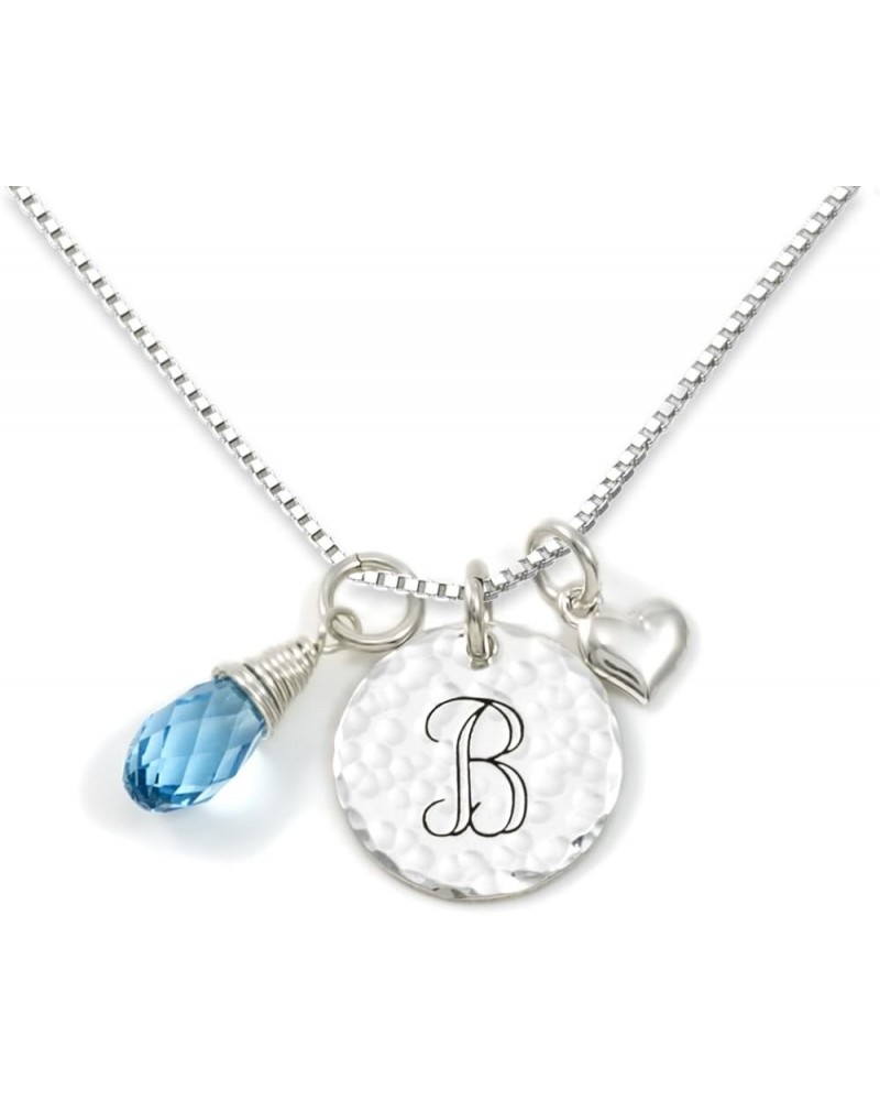 Keep It Simple- Personalized Sterling Silver Initial Monogram and Heart Charm Necklace with Swarovski® Birthstone Briolette. ...