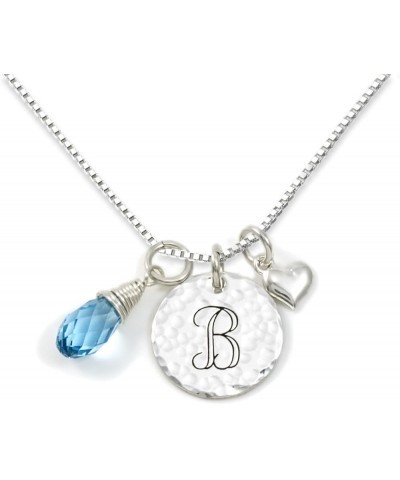 Keep It Simple- Personalized Sterling Silver Initial Monogram and Heart Charm Necklace with Swarovski® Birthstone Briolette. ...